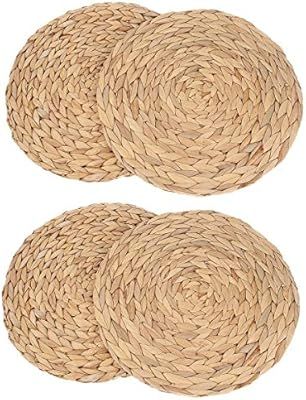 kilofly Natural Water Hyacinth Weave Placemat Round Braided Rattan Tablemats 13.5 inch x 4pc | Amazon (US)