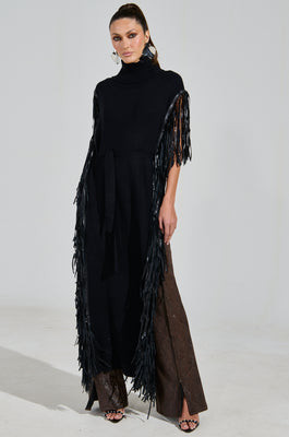 AKIRA Cheyenne Faux Leather Fringe Belted Sweater | Black | Size 1X/2X | AKIRA