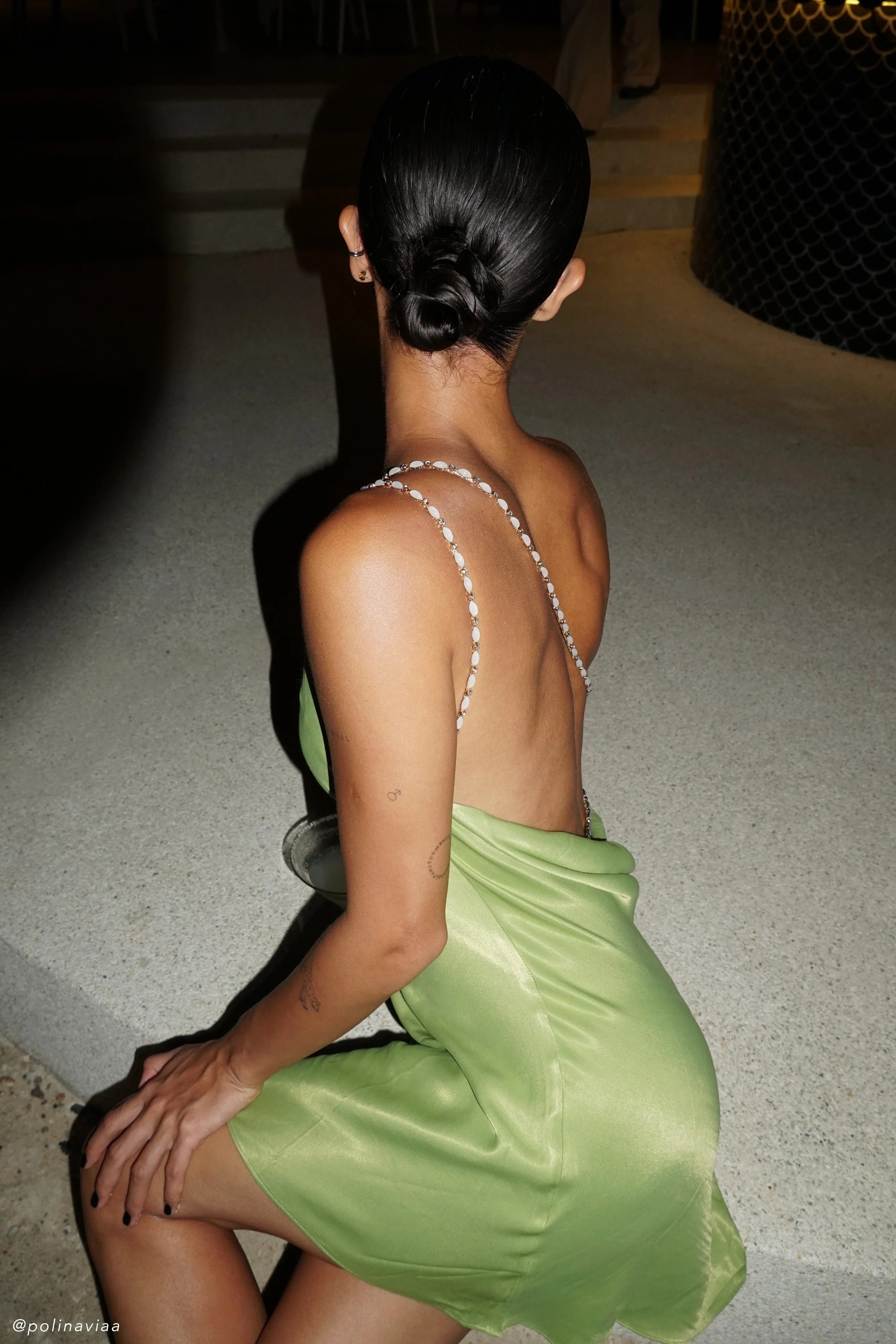 Berina One Shoulder Mini Dress With Pearl Trim - Parakeet Green | MESHKI US