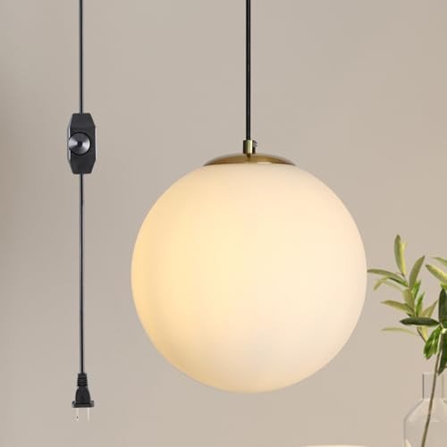 passong 10 inch plug-in gold globe pendant light with opal glass, a dupe for the RH Bistro Globe pendant