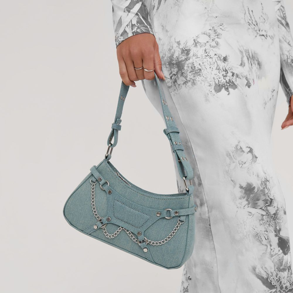 Panama Chain Detail Shaped Shoulder Bag In Blue Denim | EGO (UK)