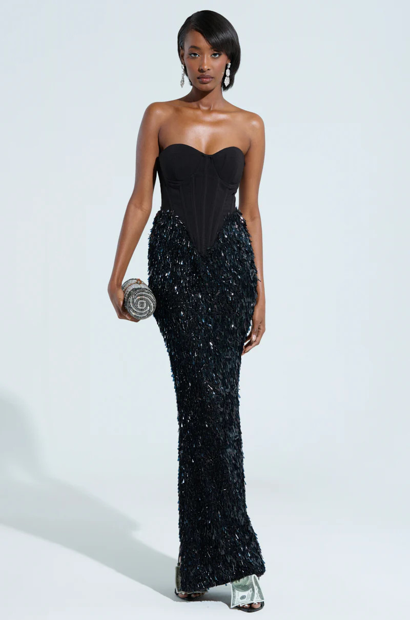 THE MAIN EVENT SEQUIN CORSET MAXI DRESS | AKIRA