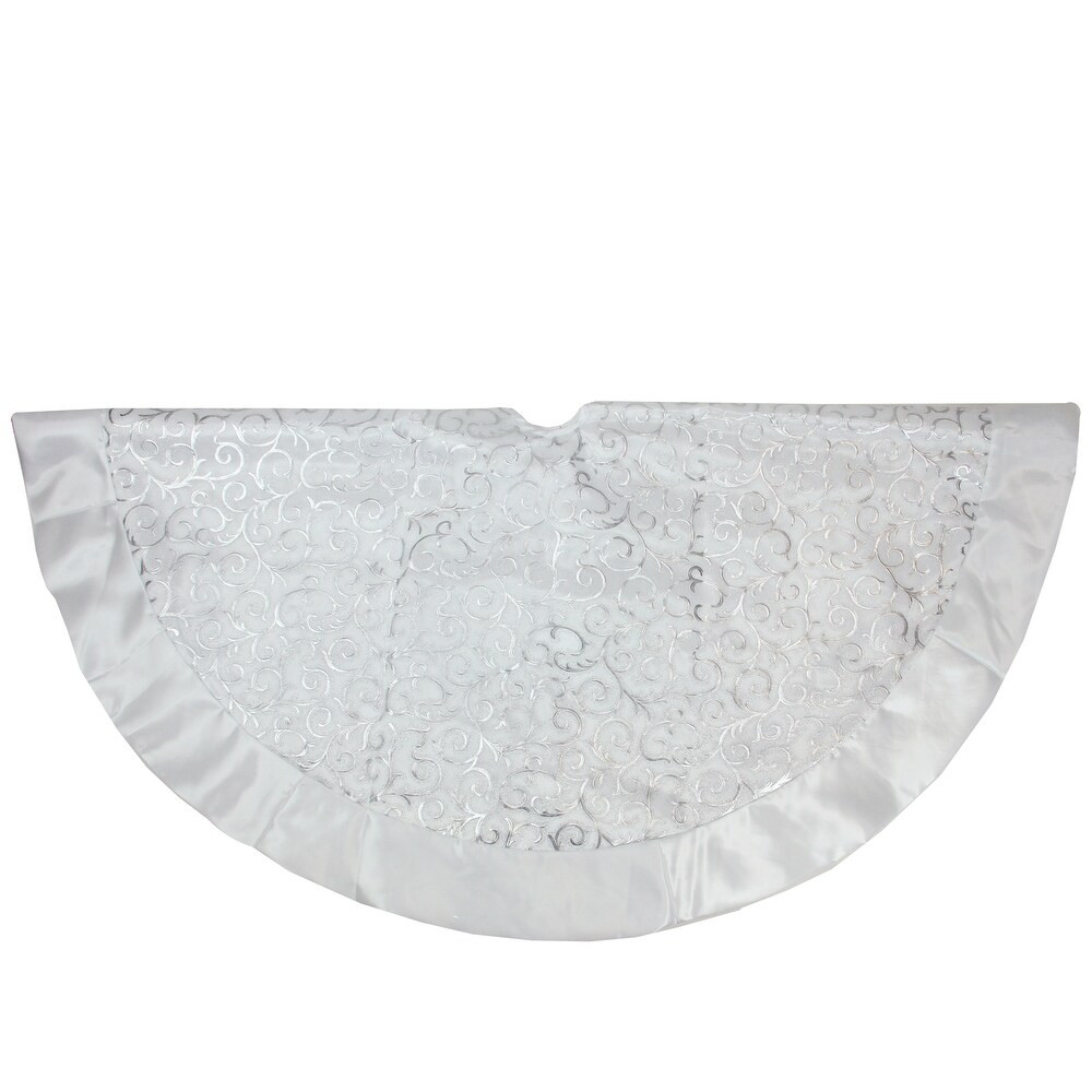 48" Silver Metallic Filigree Christmas Tree Skirt with Sateen Bows (White - Polyester - Indoor) | Bed Bath & Beyond