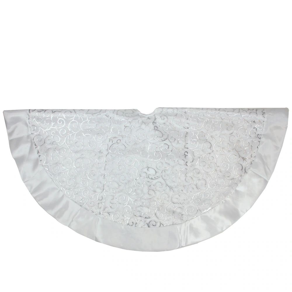 48" Silver Metallic Filigree Christmas Tree Skirt with Sateen Bows (White - Polyester - Indoor) | Bed Bath & Beyond