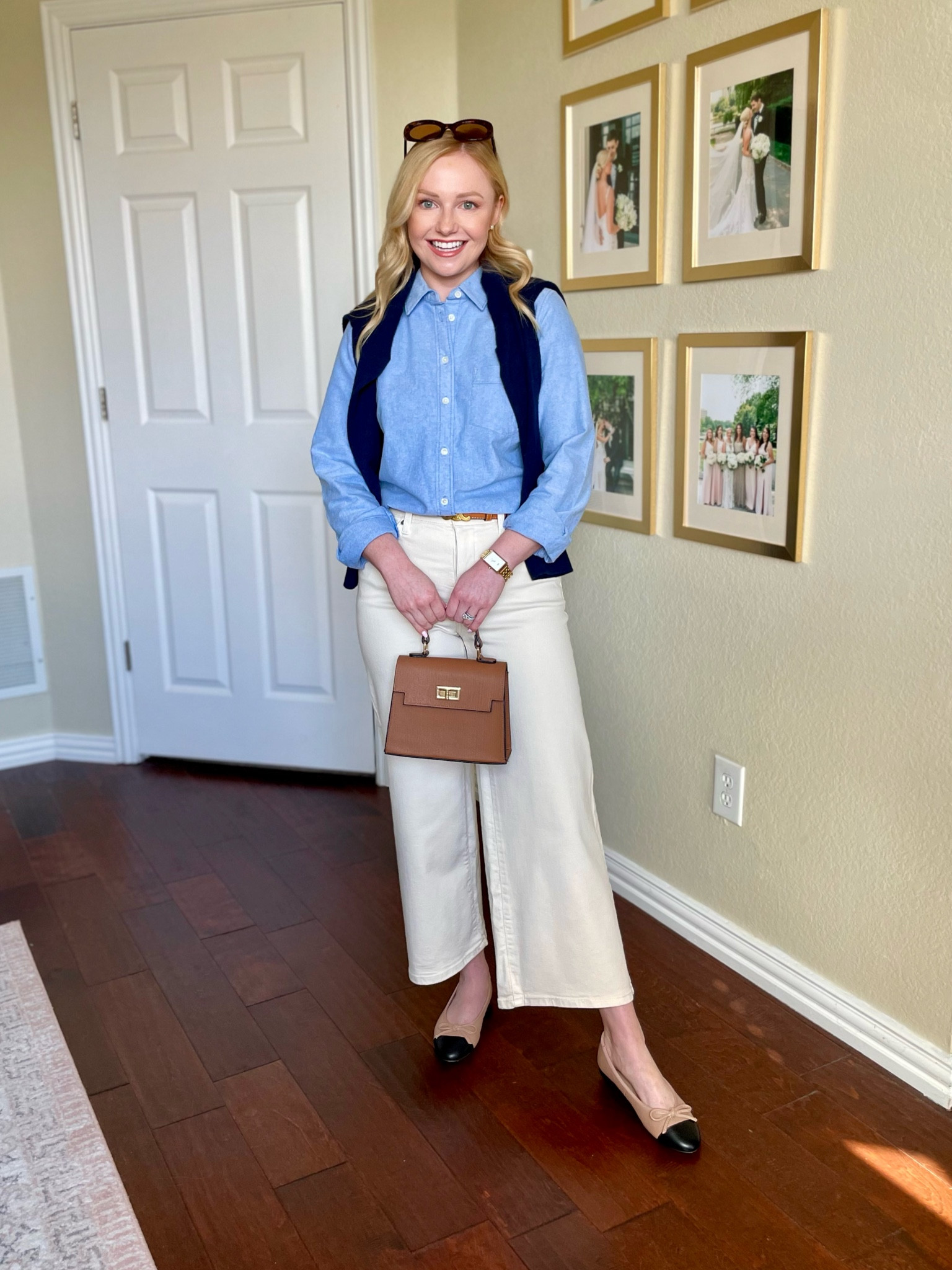Wearing an XS in top and 26 in jeans | spring outfit, casual outfit, wide leg jeans, white jeans, off white jeans, cap toe shoes, ballet flats, preppy outfit, oxford shirt 

#LTKSeasonal #LTKfindsunder100 #LTKstyletip