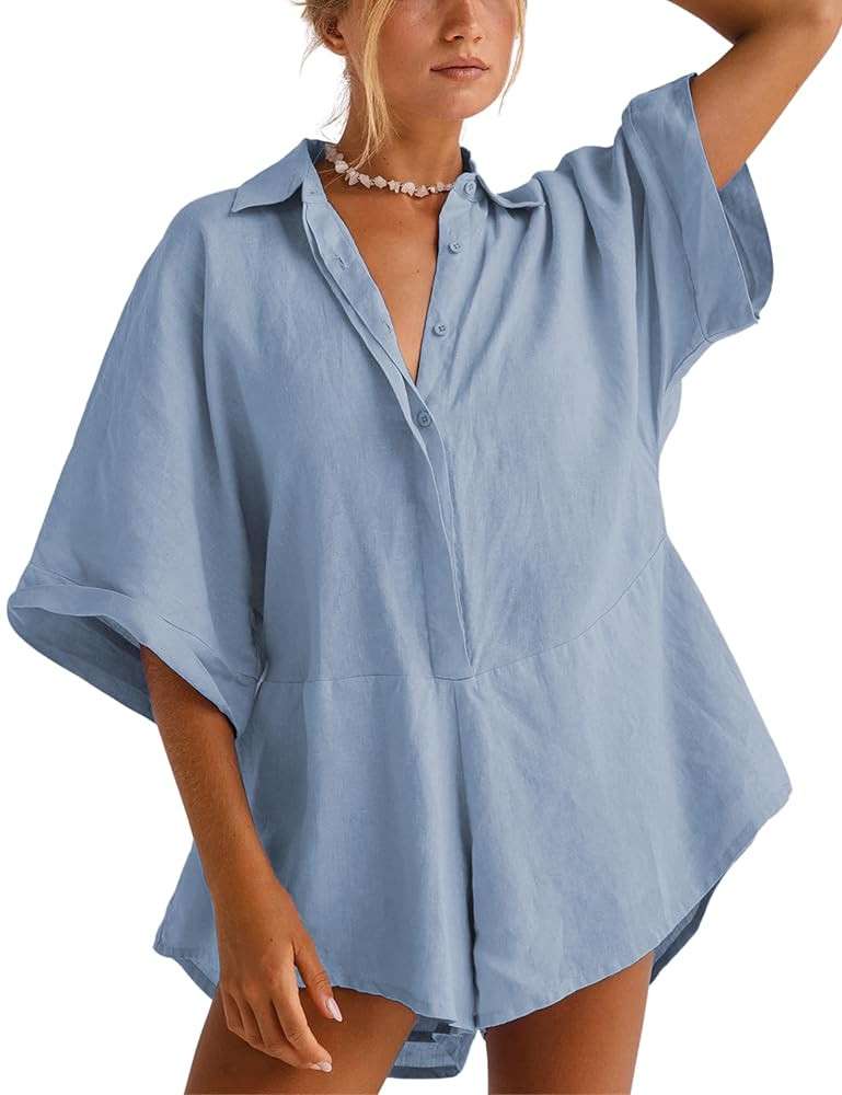 Women One Piece Jumpsuit V-Neck Half Button Collared Rompers Short Sleeve Onesie Playsuit Loose O... | Amazon (US)