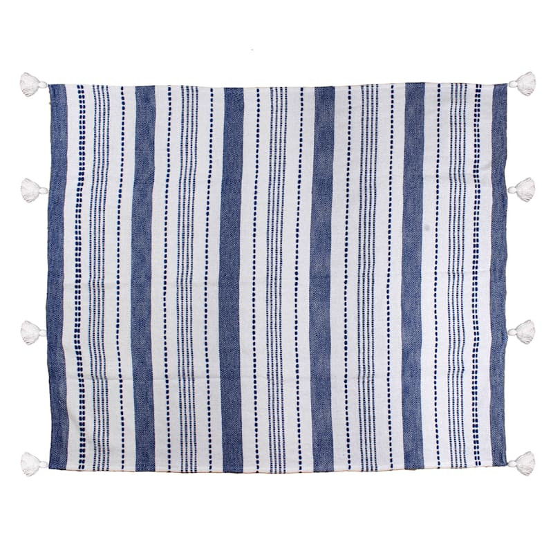 Navy Blue Woven Striped Tassel Throw Blanket, 50x60 | At Home