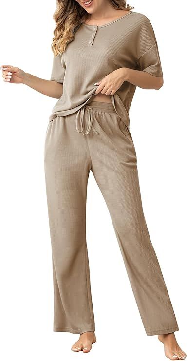 Women's Waffle Knit Pajama Set 2 Piece Matching Set Short Sleeve Top and Pants Lounge Set with Po... | Amazon (US)