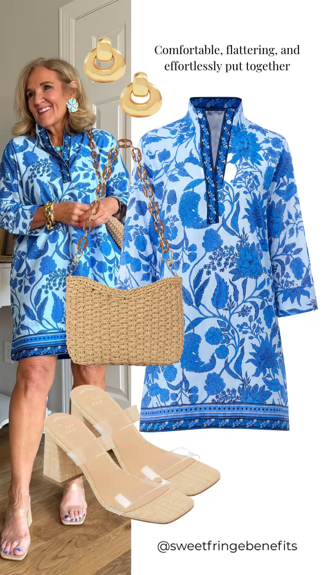 This blue floral tunic dress is comfortable, flattering, and so easy to wear. The vibrant print makes a statement on its own, and I paired it with neutral block heels and a woven tote for an effortless look you'll wear from brunch to vacation.

💡 LTK MADE EASY
❤️ Heart = Support my posts!
🔖 Save = Get sale & restock alerts
📋 Lists = Keep favorites organized
📲 Share = Send lists and products to a friend. Hello, Christmas List!
💬 Comment = Ask me anything about what I'm wearing.:-)

#LTKootd #LTKOver40 #LTKSeasonal