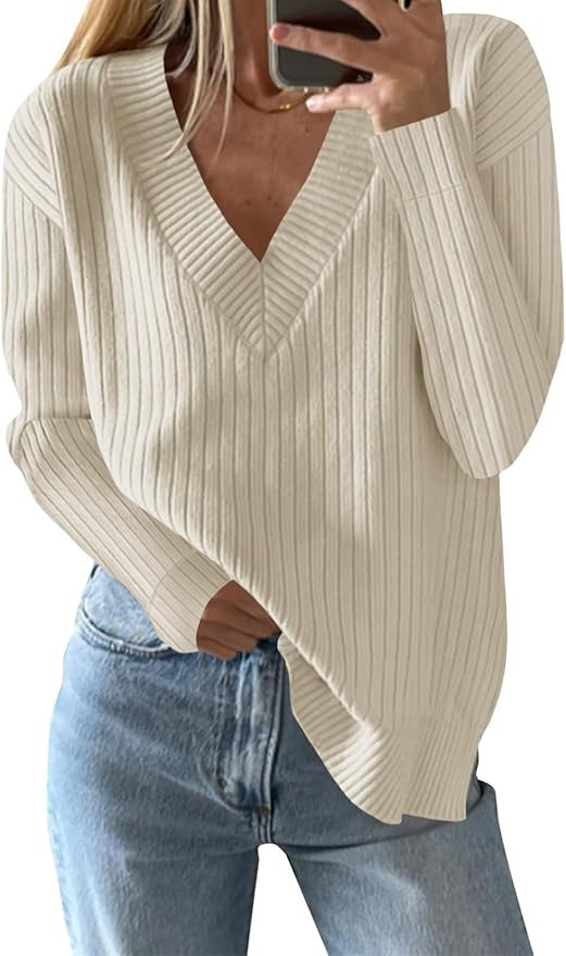 Saodimallsu Womens V Neck Sweater 2024 Fall Oversized Ribbed Knit Trendy Slit Casual Loose Fit Lo... | Amazon (US)