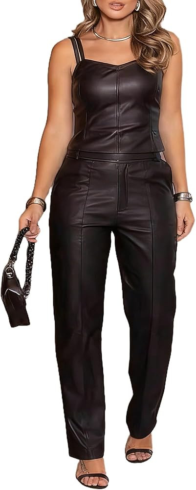 VOIKERDR Two Piece Outfits for Women Sleeveless Crop Top and Pants Faux Leather Matching Set | Amazon (US)