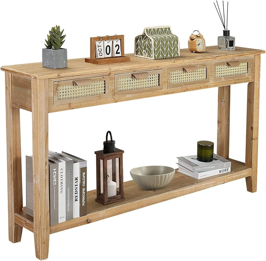 Rustory 60" Long Farmhouse Entryway Table with 4 Rattan Drawers, Narrow Console Sofa Table with O... | Amazon (US)