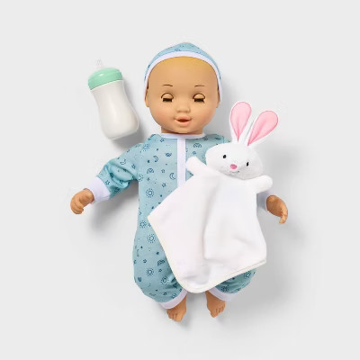 14" Snooze and Snuggle Baby Doll - Blonde Hair + Blue Eyes - Gigglescape™: Includes Plush, Pacifier, Bottle | Target