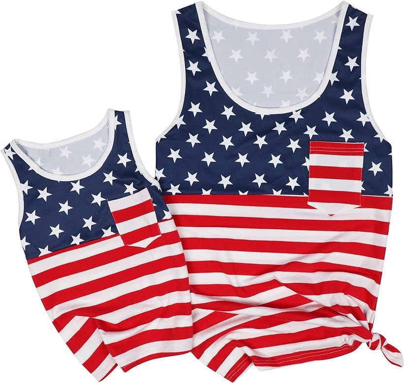 UNIQUEONE 4th of July Mommy and Me American Flag Star Striped Tank Tops Sleeveless Tank Blouse | Amazon (US)