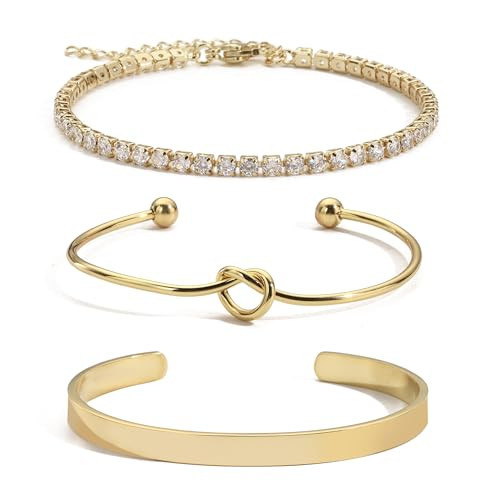 TUANZISP Gold Bangle Cuff Bracelets for Women Non Tarnish, 18k Gold Bracelet Stack Layered Chunky Chain Bracelets Waterproof Knot Cross Bowknot Bracelet Jewelry Set for Women Trendy (S01) | Amazon (US)