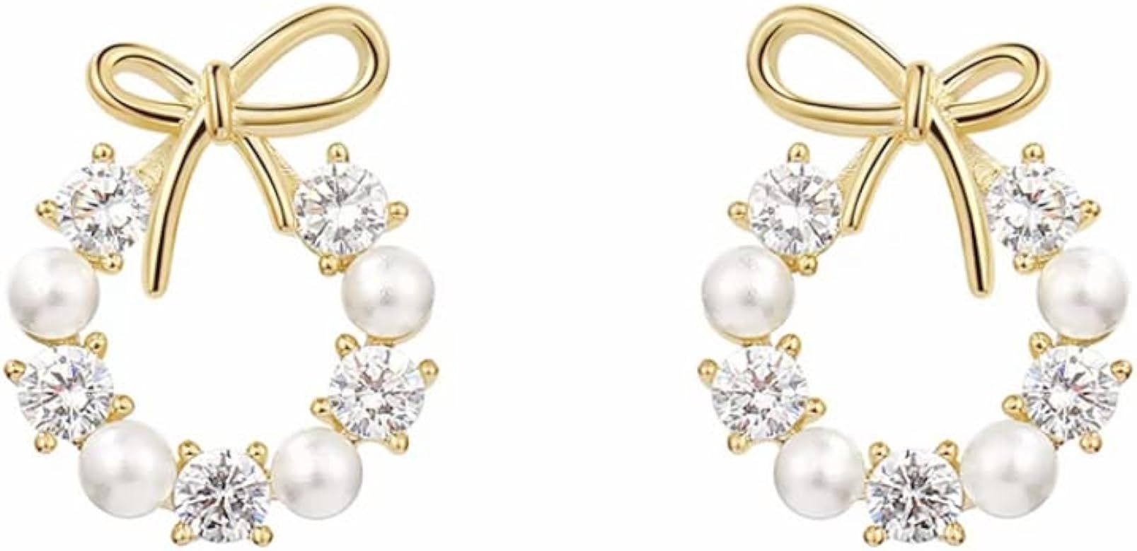 Dainty Pearl Garland Stud Earrings for Women Teen Girls Cubic Zirconia Crystal 14K Gold Plated Bo... | Amazon (US)