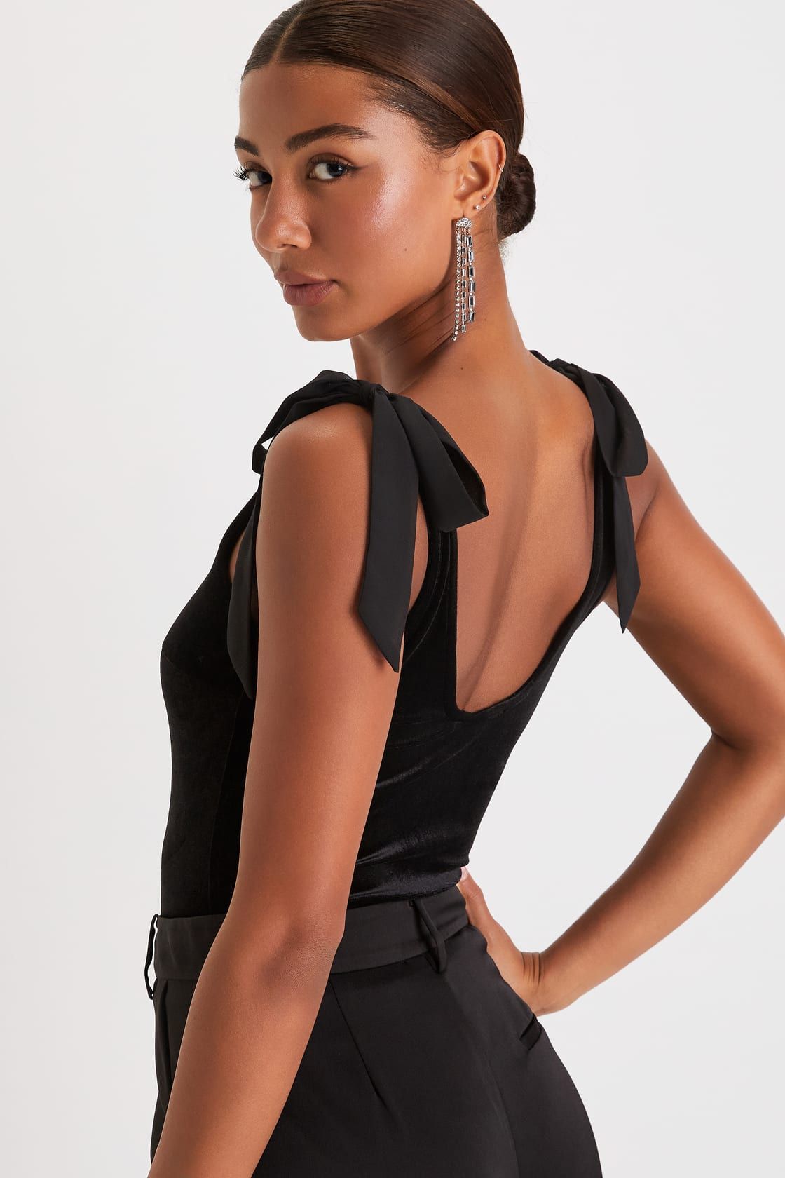 Positively Poised Black Velvet Tie-Strap Square Neck Bodysuit | Lulus (US)