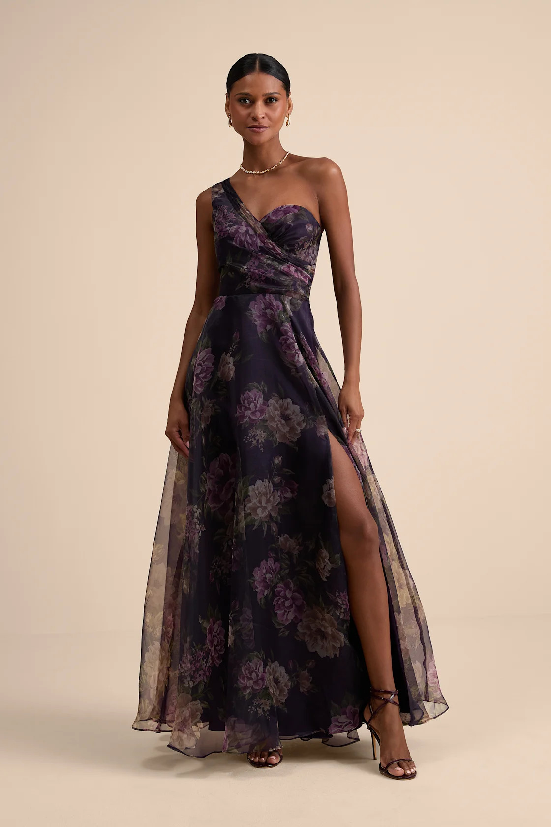 Truly Extraordinary Plum Floral Organza One-Shoulder Maxi Dress | Lulus