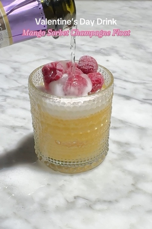 Homemade Mango Sorbet Topped with a Raspberry Ice Cube and Champagne!! This is such a fun Galentine party drink or dessert idea! #valentinesday #galentineparty #creami #ninjacreami #champagne

#LTKWatchNow #LTKParties #LTKHome