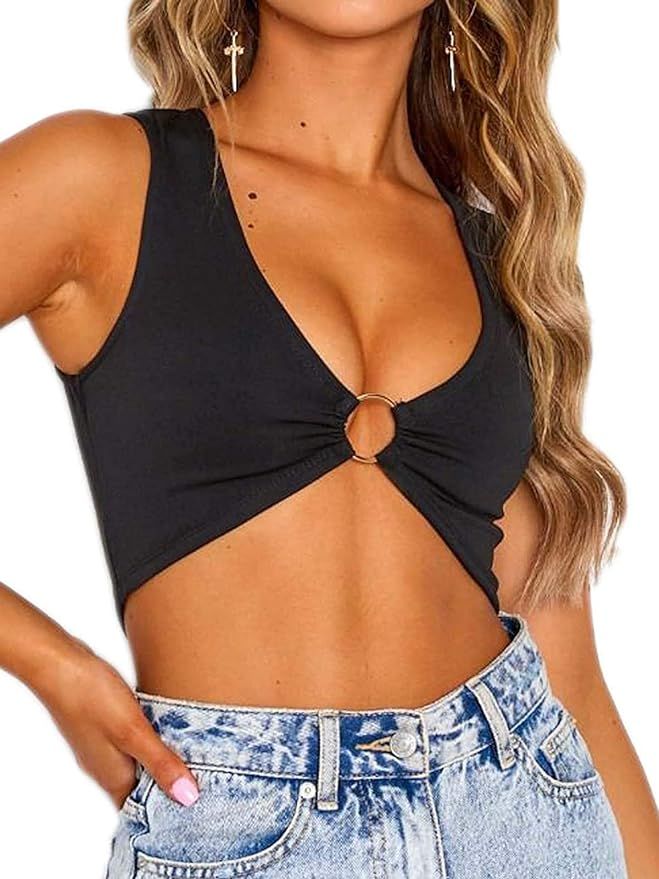 Women's Sexy Sleeveless Plunging Neckline Underboob Corset Y2k Cropped Tank Top with Golden Ring | Amazon (US)