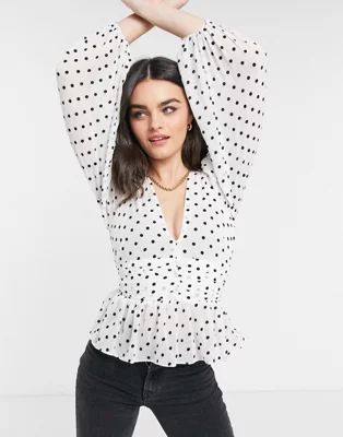 River Island polka dot ruched sleeve blouse in white | ASOS (Global)