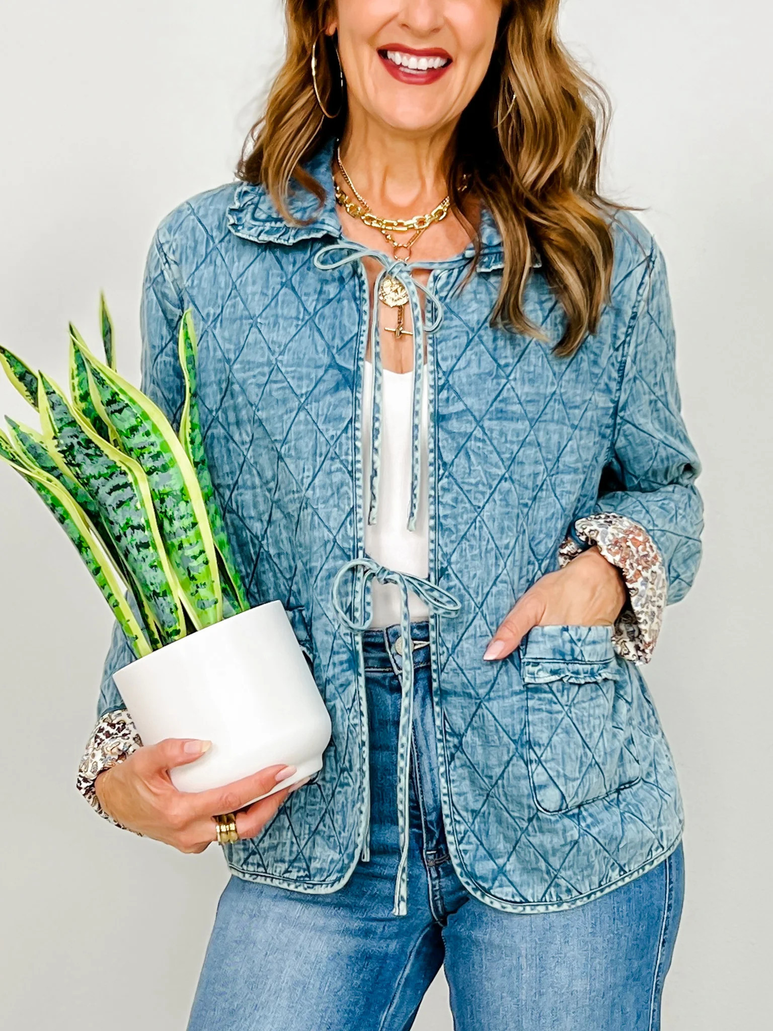 Bow Front Quilted Denim Washed Jacket | Emma Lou's Boutique