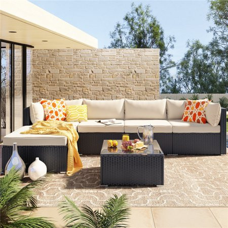 6 Piece Outdoor Sectional Sofa Sets All-Weather Wicker Patio Furniture with Rattan Chairs Glass Tabl | Walmart (US)