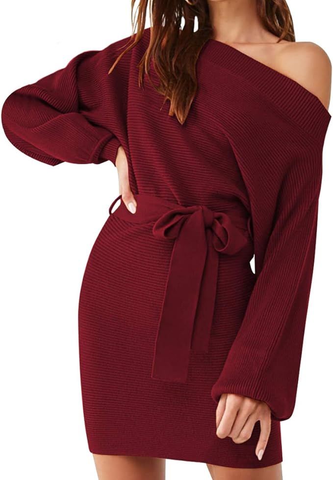 Meenew Women's Off Shoulder Sweater Dress Ribbed Tie Waist Short Bodycon Dress | Amazon (US)