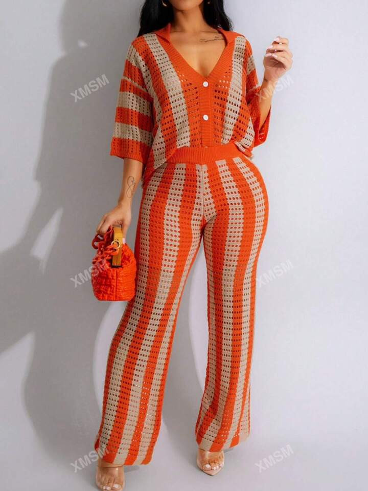 Vacation Casual Two-Tone Striped Single-Breasted Hollow Knit Top And Pants Set | SHEIN