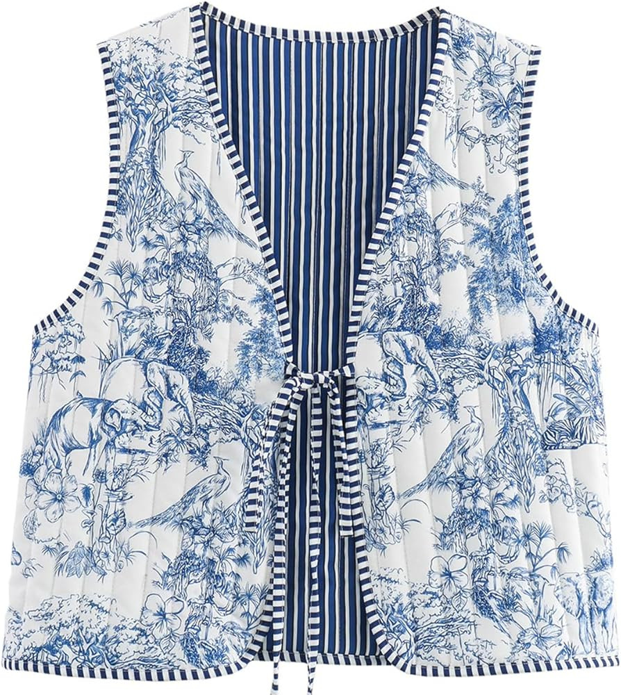 Women's Y2K Sleeveless Floral Quilted Puffer Vest Open Front Tie Cropped V-Neck Outwear Vest Ligh... | Amazon (US)