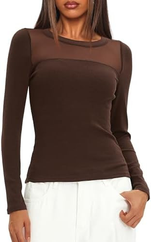 Darong Womens Mesh Sheer Long Sleeve Top Crew Neck Slim Fit Shirts Sexy Casual Going Out Blouses | Amazon (US)