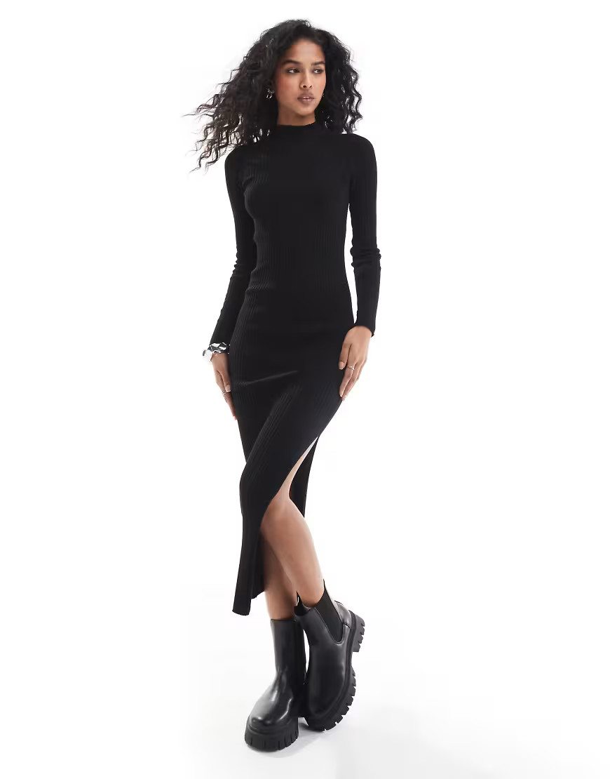 Stradivarius knitted midi dress with side split in black | ASOS (Global)