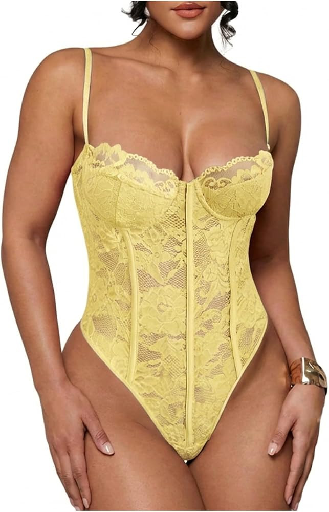 SweatyRocks Women's Sheer Lace Underwire Cami Bodysuit Corset Tops | Amazon (US)