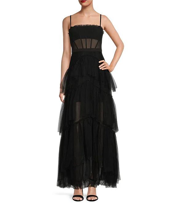 Illusion Tiered Ruffled Tulle Square Neck Mesh Sleeveless Gown | Dillard's