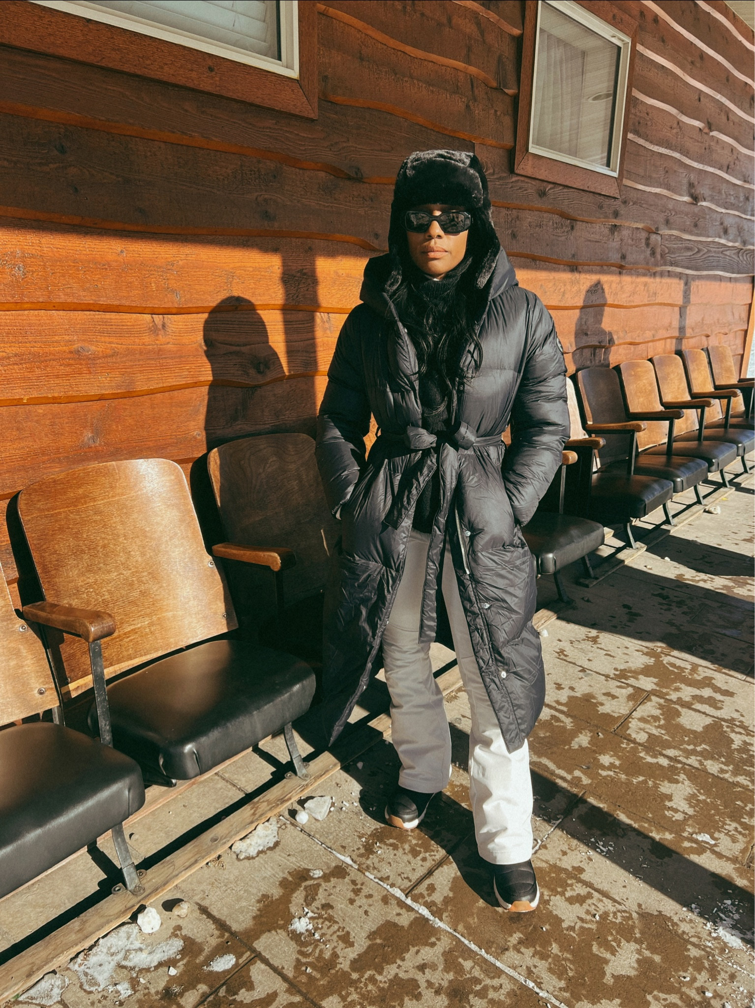 Black puffer jacket, cream ski pants and snow boots, faux fur black hat 

#LTKtravel #LTKshoecrush #LTKstyletip