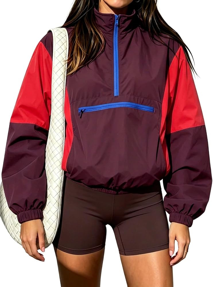 Fisoew Womens Windbreaker Jackets Quarter Zip Lightweight Fall Pullover Top | Amazon (US)