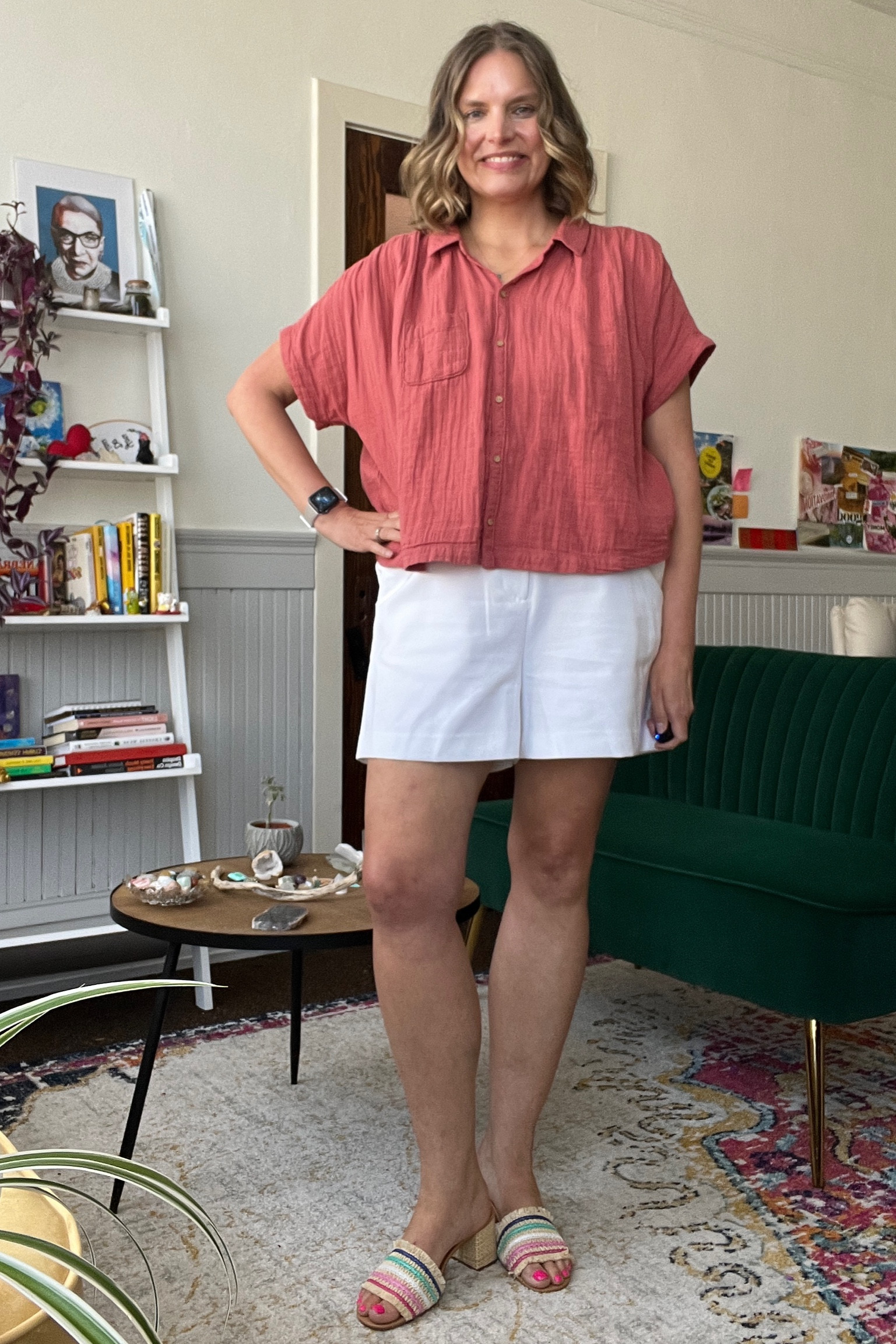 Outfit Formula: solid colorful  button down top, white shorts and colorful shoes



#LTKSeasonal #LTKworkwear #LTKcurves