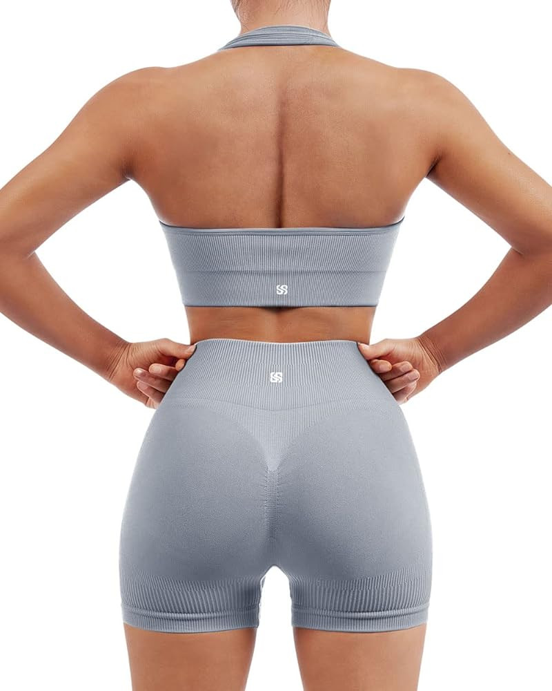 SUUKSESS Women Seamless Ribbed Workout Set Backless Sports Bra Booty Biker Short | Amazon (US)