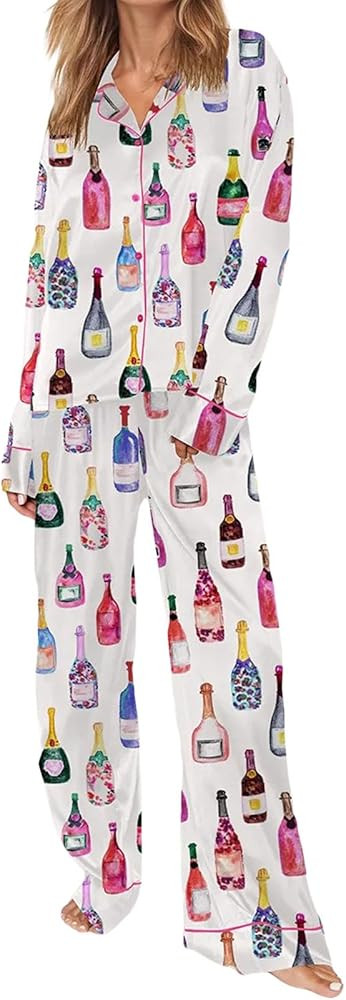 Women Silk Satin Pajamas Sets Cute Print Long Sleeve Button Down Shirt Palazzo Pants Y2k 2 Piece ... | Amazon (US)