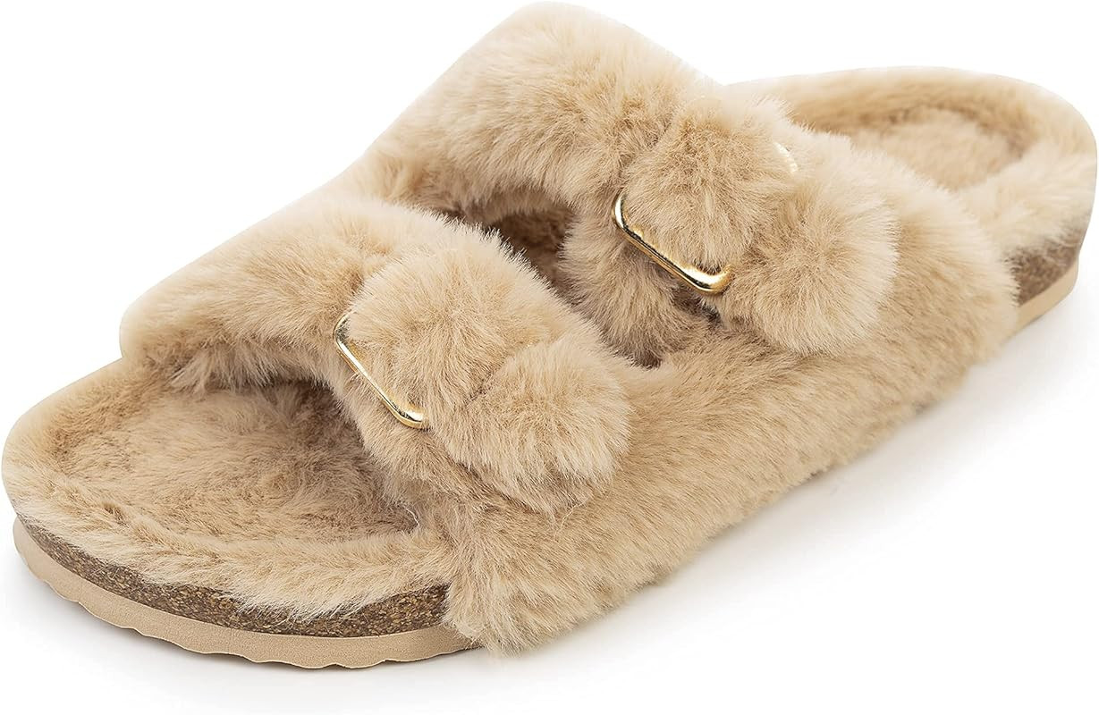 FITORY Womens Open Toe Slipper with Cozy Lining,Faux Rabbit Fur Cork Slide Sandals Size 6-11 | Amazon (US)