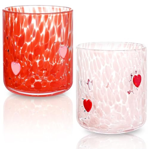2 Pcs Valentine's Day Icon Glass Cups Set - 14 oz Heart Themed Icon Juice Glass Double Old Fashioned Icon Hand blown Cocktail Glasses Drinking Cups for Couple Wedding Home Bar Decor Lovely Gifts | Amazon (US)