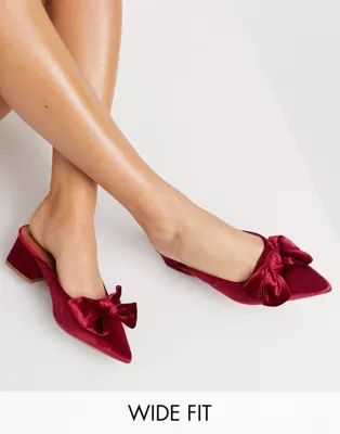 ASOS DESIGN Wide Fit Summer bow mid heeled mules in pink | ASOS (Global)