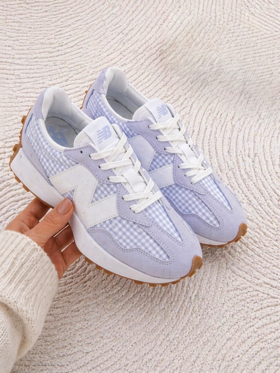 Blue gingham new balance 327 back in stock and available in sizes 6-12! 