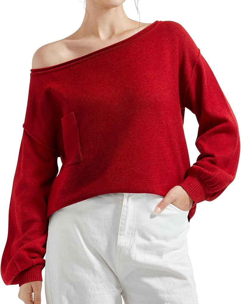 SUUKSESS Women Off The Shoulder Knitted Sweaters Long Sleeve Crew Neck Oversized Pullover Sweater... | Amazon (US)