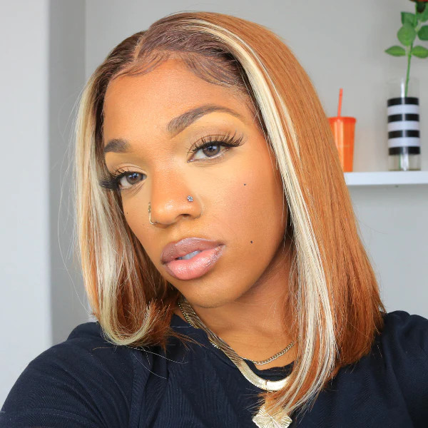 613 HIGHLIGHT LIGHT AMBER SILKY STRAIGHT BOB GLUELESS WIGS | Luvmehair