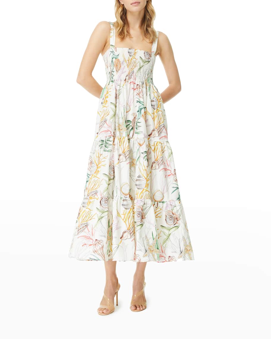 Sophie Smocked Coral-Print Dress | Neiman Marcus
