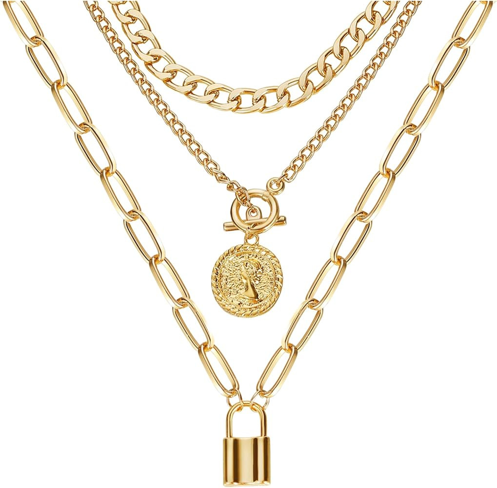 Gold Layered Necklaces for Women Chunky Stacked Necklaces for Women Trendy Retro Coin Pendant Nec... | Amazon (US)