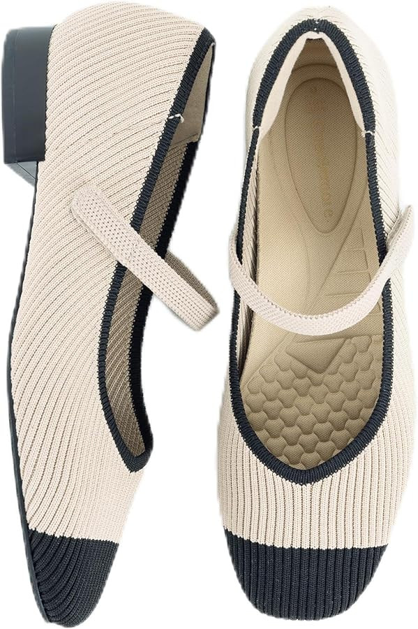 Women's Mary Jane Flats with Arch Support, Square Toe Ballet Flats, Comfortable Knit Dress Shoe | Amazon (US)