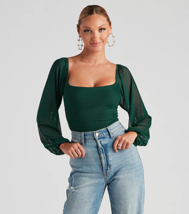 Elevated Basic Ruched Mesh Bodysuit | Windsor Stores