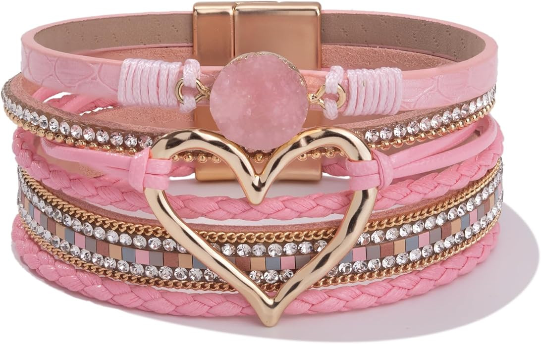 FANCY SHINY Heart Leather Wrap Bracelets Stackable Boho Cuff Bangles Trendy Resin Stone Rhineston... | Amazon (US)
